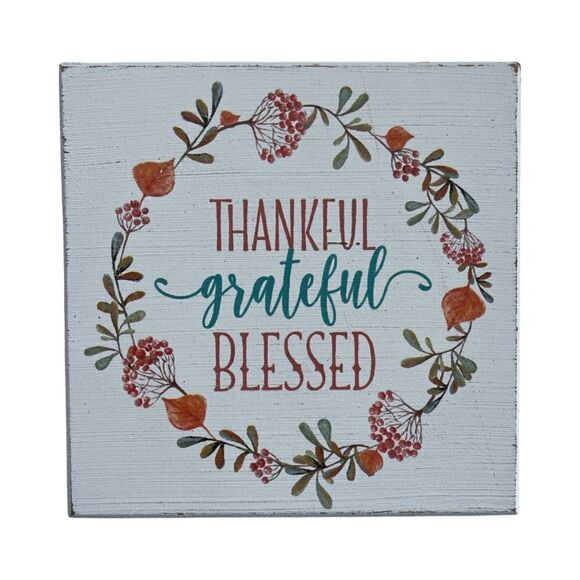 Thankful Grateful Blessed Whitewashed Distressed Wood Sign Quill to Paper NWT - Picture 1 of 7